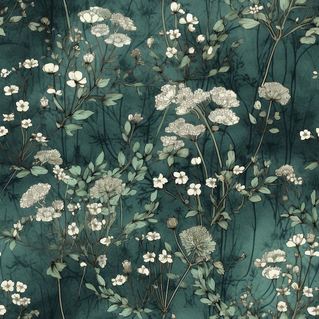 A floral pattern with white flowers on a dark green background.