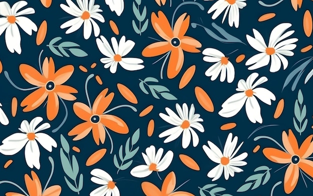 A floral pattern with white and orange flowers on a dark blue background.