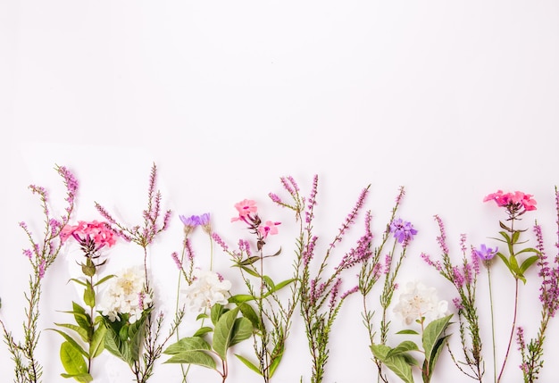 Floral pattern with wildflowers, green leaves, branches on white background. Flat lay, top view.