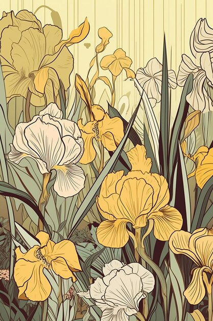 A floral pattern with yellow flowers and a yellow iris.