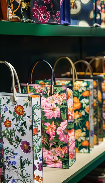 Photo floral patterned shopping bags displayed in boutique ideal for spring fashion and gift wrapping