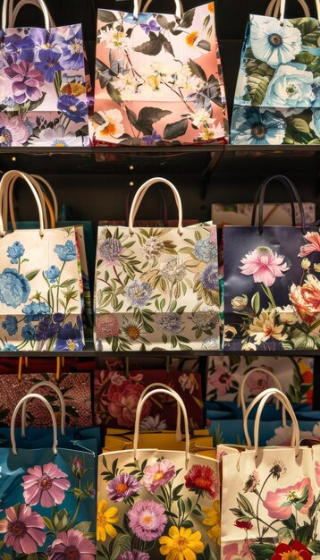 Photo floral patterned shopping bags displayed in boutique ideal for spring fashion and gift wrapping