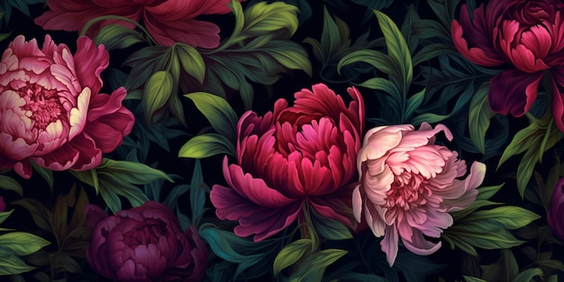 Floral Peonies pattern dark deep moody colors realistic drawing