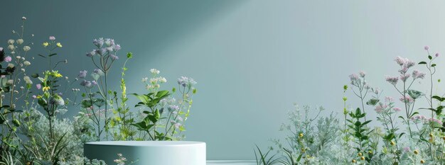 Photo a floral podium in sunlight framed by a vibrant backdrop forms an elegant and harmonious scene