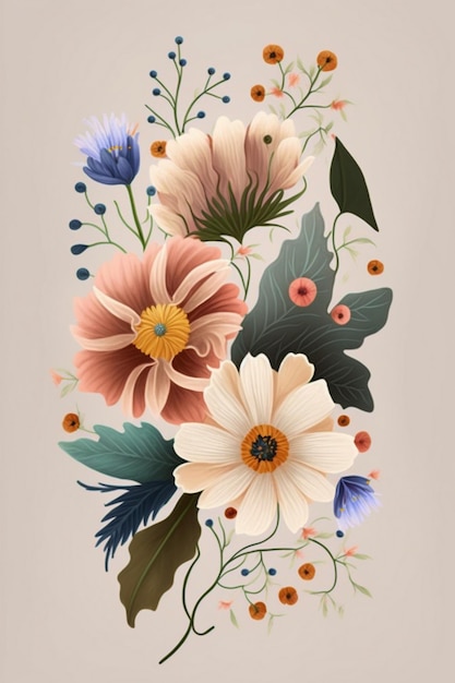 A floral poster with a bouquet of flowers and leaves.