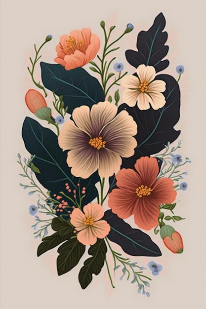 A floral poster with a flower and leaves on it