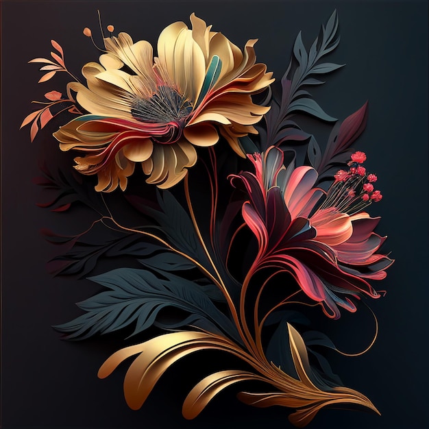 A floral poster with flowers on a black background.