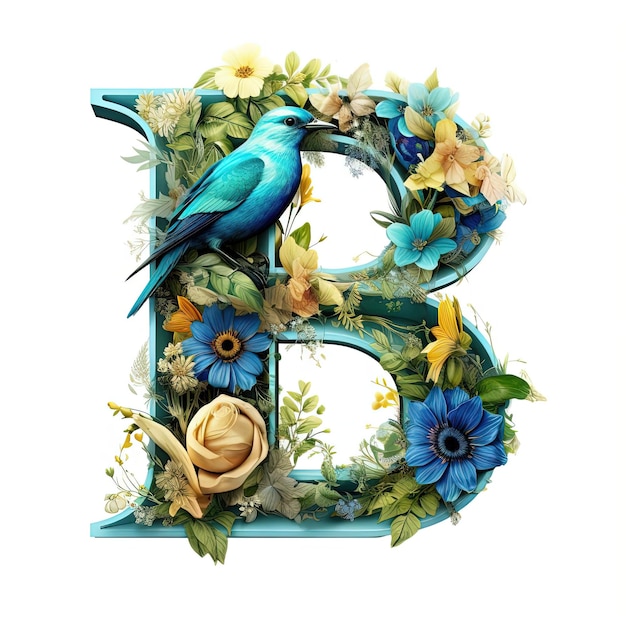 a floral print of the letter B is made with bird and flowers in the style of colorful fantasy