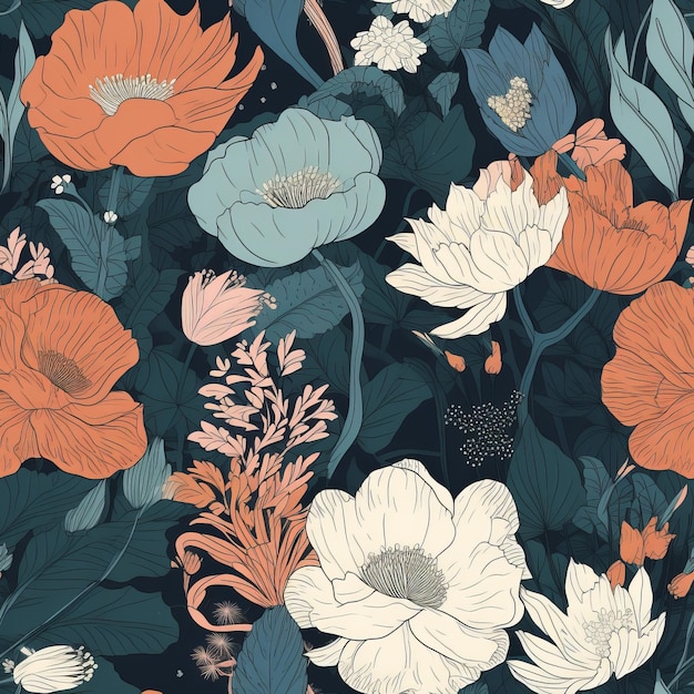 Floral print with botanical flowers as a seamless pattern for textile design or background AI generation