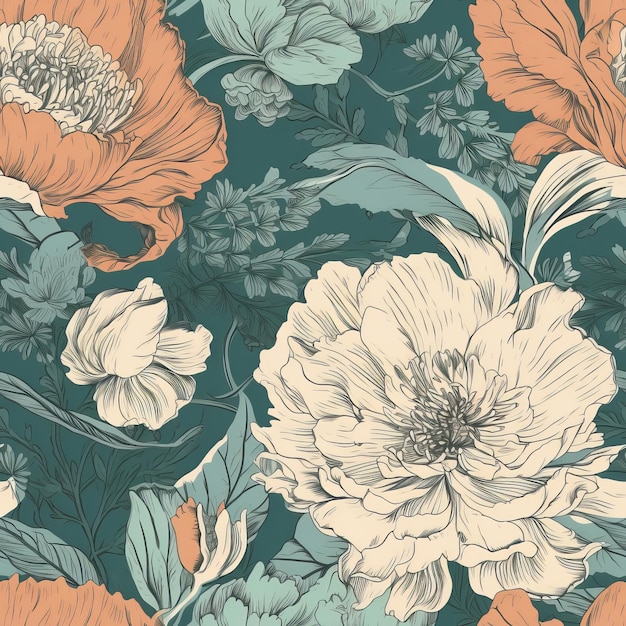 Floral print with botanical flowers as a seamless pattern for textile design or background AI generation