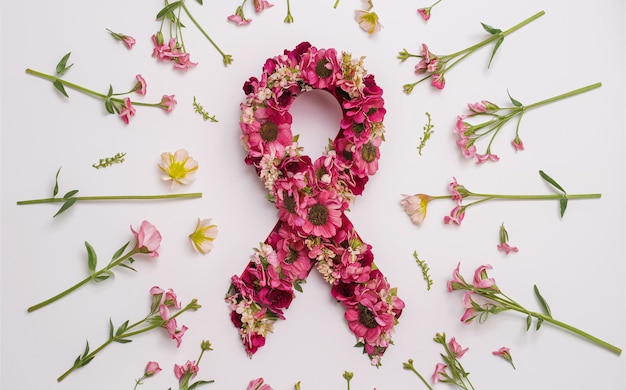 Photo floral ribbon design blooming floral pink ribbon on clean white background