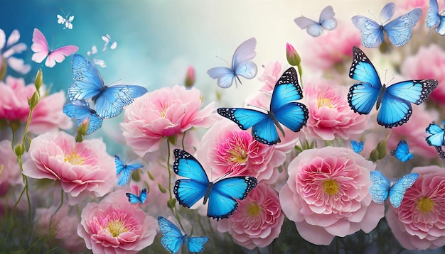 floral romantic abstract background of pink flowers with blue butterflies