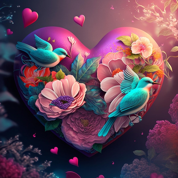 Floral romantic heart birds and flowers Valentines love illustration on dark background