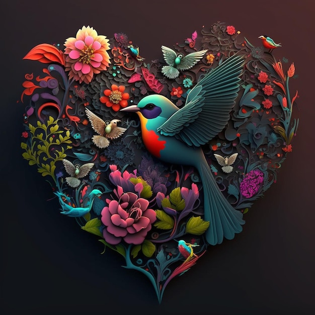 Floral romantic heart birds and flowers Valentines love illustration on dark background