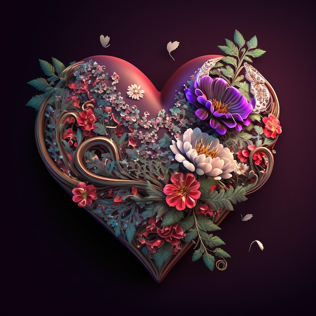 Floral romantic heart and flowers Vintage love illustration on dark background