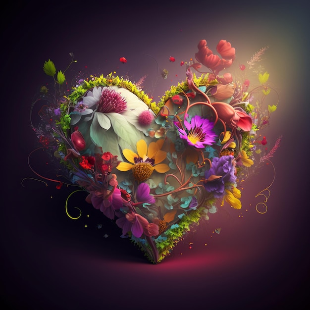 Photo floral romantic heart and flowers vintage love illustration on dark background