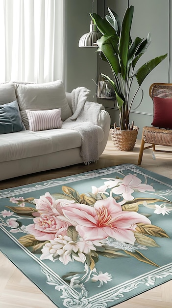 Floral Rug in a Modern Living Room with a White Sofa and a Wicker Chair