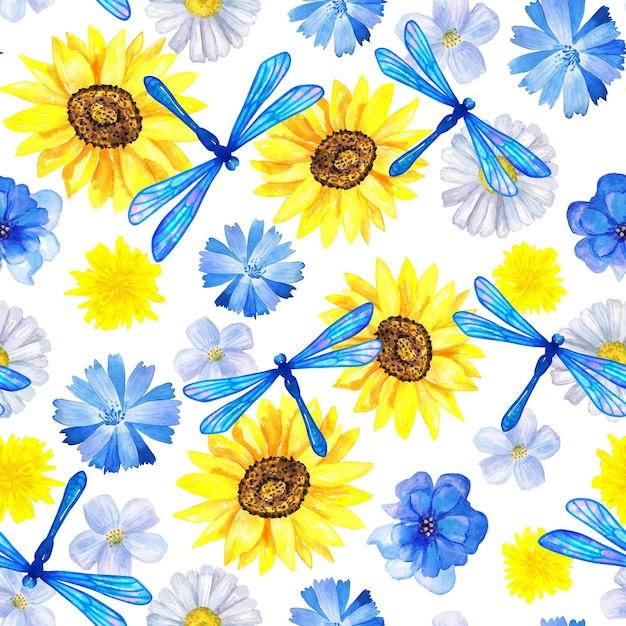 Floral seamless background Pattern with beautiful watercolor flowers sunflower and dragonflies Botanical hand drawn illustration Texture for print fabric textile packing