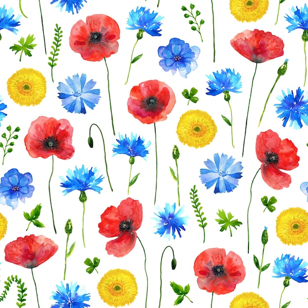 Floral seamless background Pattern with beautiful watercolor wild meadow flowers Botanical hand drawn illustration Texture for print fabric textile wallpaper