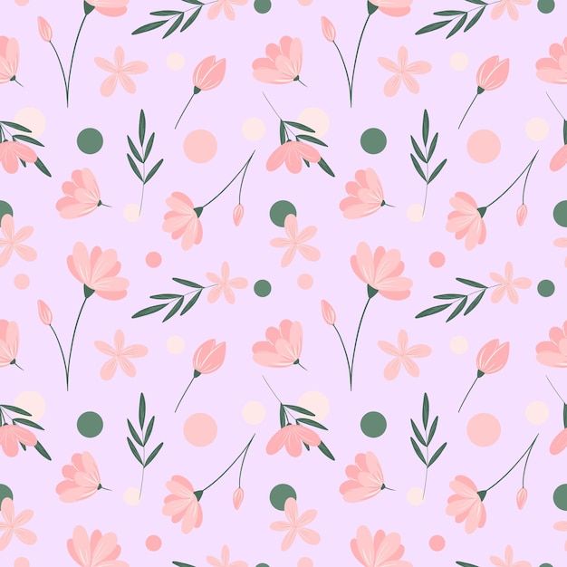 Floral seamless pattern on pastel pink background Pink flower green leaves circles repeat print