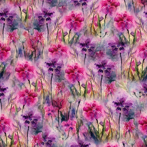 Floral seamless pattern Watercolor artwork background Flowers and herbs Bohemian boho style print Abstract meadow field Emotional painting