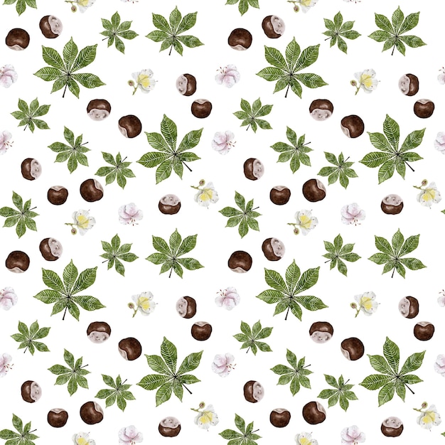 Floral seamless pattern with chestnut leaves flowers and fruits Watercolor print for textile