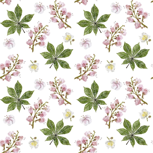 Floral seamless pattern with chestnut leaves and flowers Watercolor print for textile or wallpaper