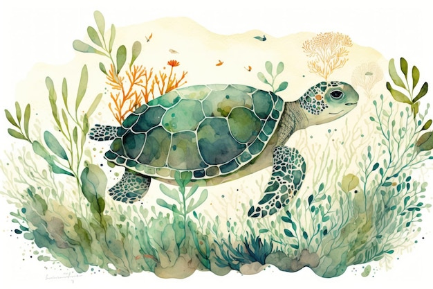 Floral and seaweed sea turtle Painting in watercolor