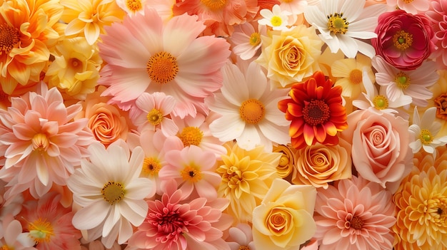 Floral shop banner top view of macro photo of yellow and orange summer flowers