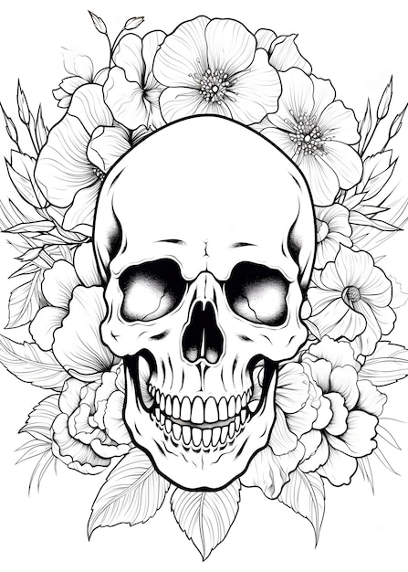 Floral Skull Coloring Page Sugar skull outline coloring page Skull with Flowers line art for coloring page Skull coloring Book Skull Coloring Pages AI Generative