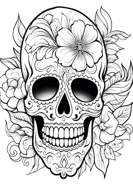 Floral Skull Coloring Page Sugar skull outline coloring page Skull with Flowers line art for coloring page Skull coloring Book Skull Coloring Pages AI Generative