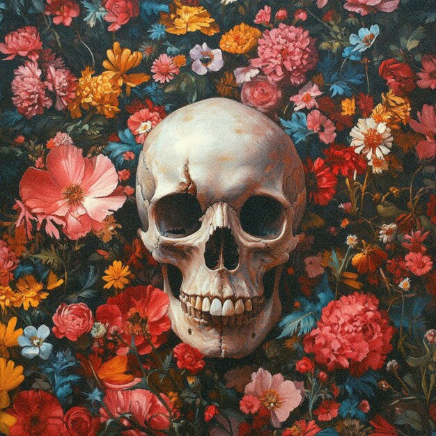 Floral Skull with Vibrant Flowers Dia de los Muertos Gothic Art