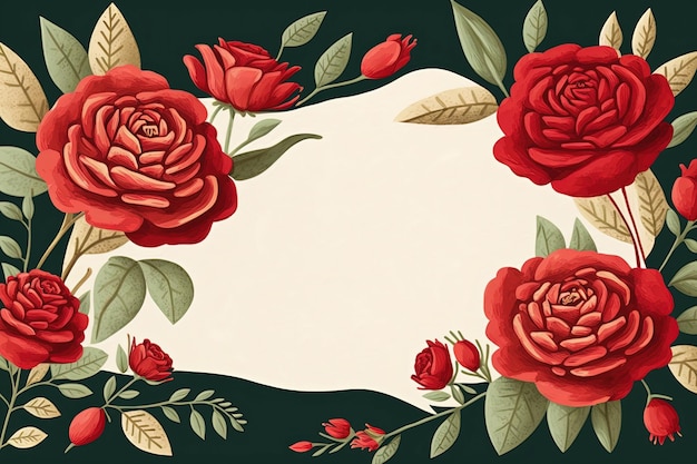 Floral spring or summer card template with red roses and space for text