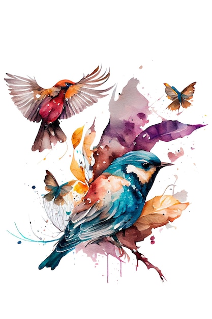 Floral summer design with handpainted birds in different colors on white background AI Generated