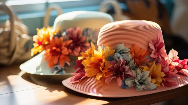 Photo floral summer hats in a shop overlooking the sea in a bright daylight