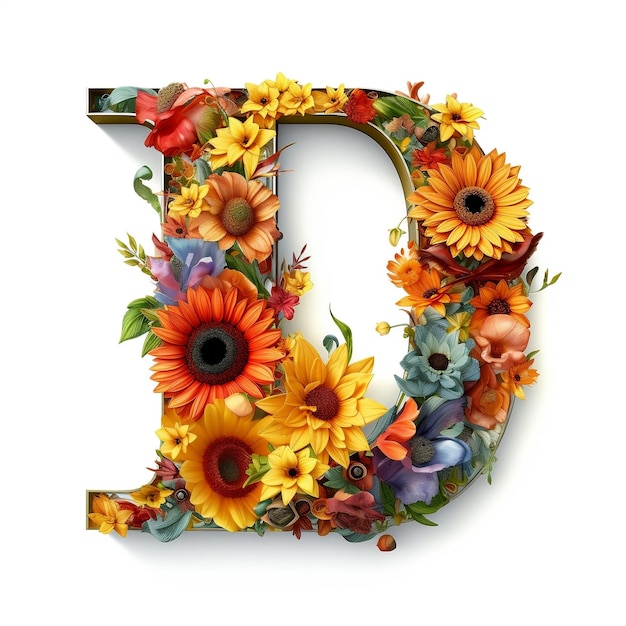 Floral and sunflower colorful illustration letter D Generative AI