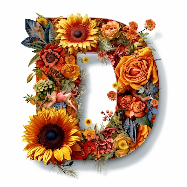 Floral and sunflower colorful illustration letter D Generative AI