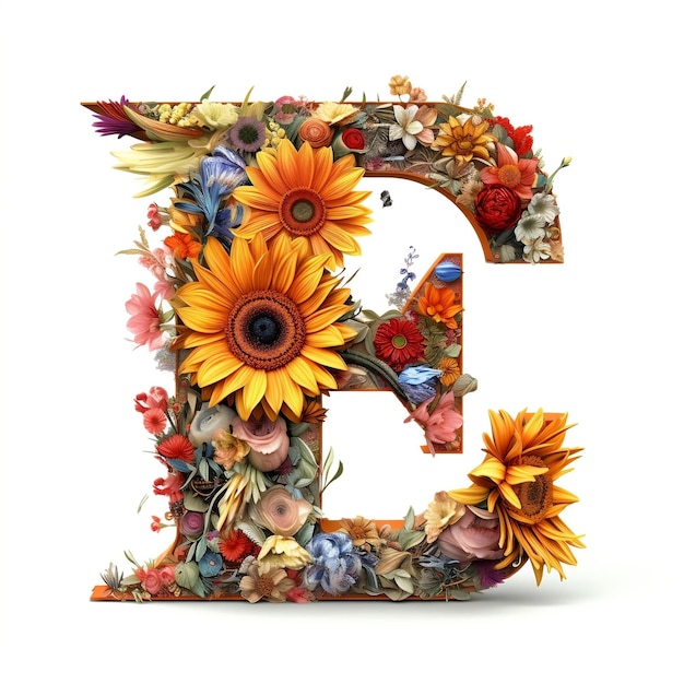 Floral and sunflower colorful illustration letter E Generative AI