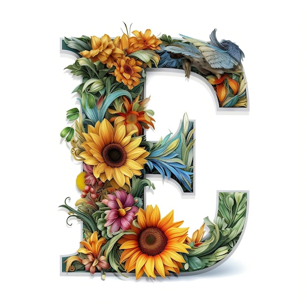 Floral and sunflower colorful illustration letter E Generative AI