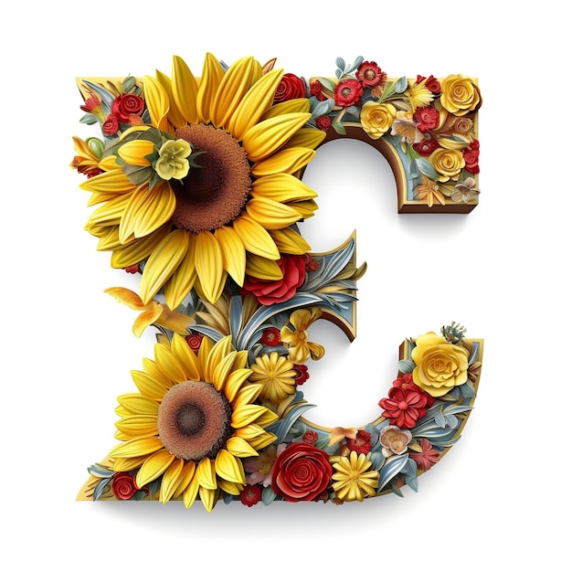 Floral and sunflower colorful illustration letter E Generative AI