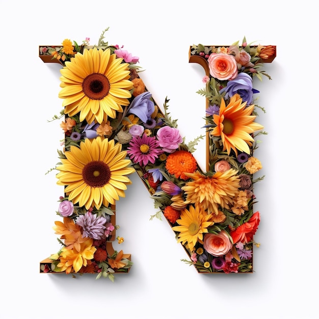 Floral and sunflower colorful illustration letter N Generative AI