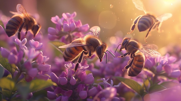 Floral Symphony Bees Pollinating in Sunlit Garden