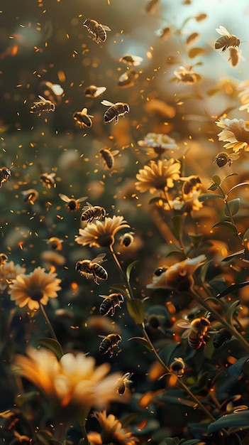 Floral Symphony Bees Pollinating in Sunlit Garden