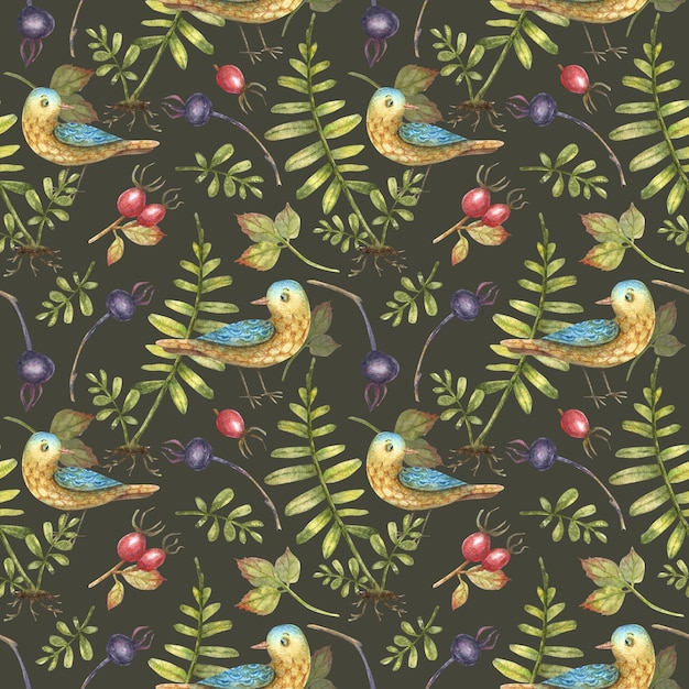 floral textile pattern Floral watercolor illustration with flowers leaves  buds and cute birds