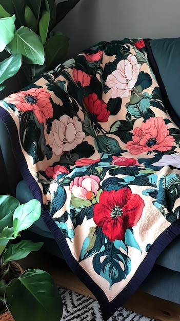 Floral Throw Blanket on Teal Sofa