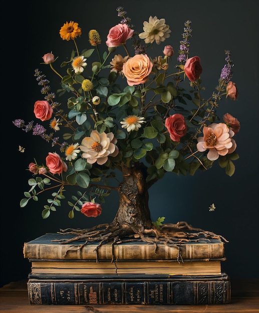 Floral Tree Growing from Books