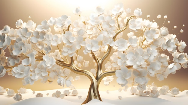 Floral tree with white flower leaves and golden stem Generative AI