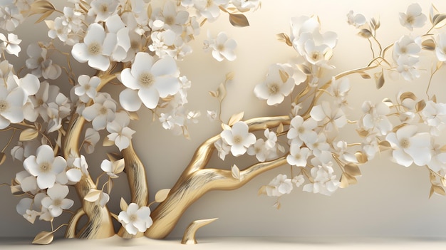 Floral tree with white flower leaves and golden stem Generative AI