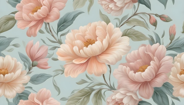 a floral wallpaper by person features a pale pink flowered peonies