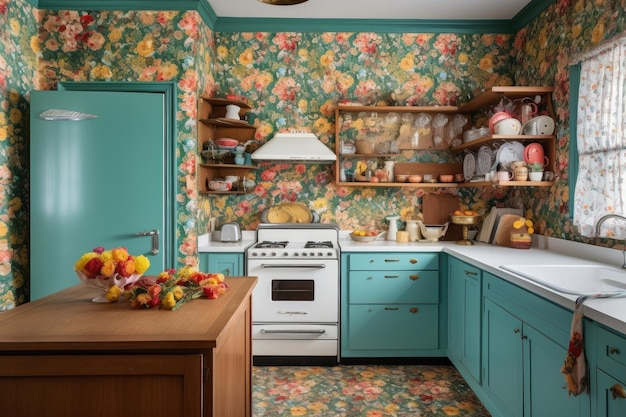 Floral wallpaper in kitchen with cabinets and appliances matching created with generative ai